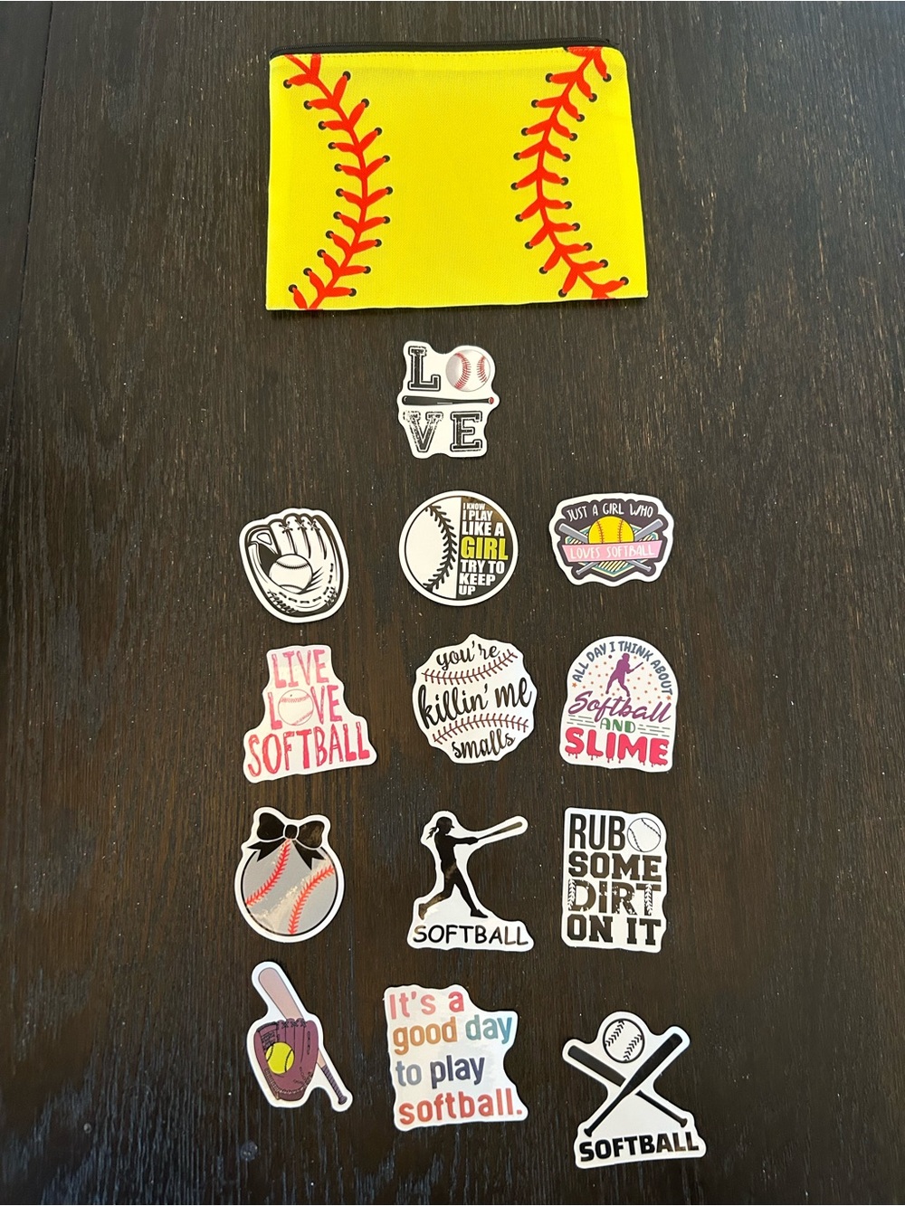 13 Softball Stickers with Yellow Softball -Style Pouch